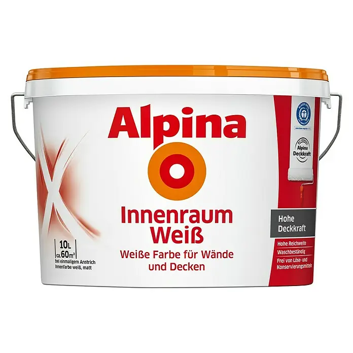 Alpina Wandfarbe Innenraumweiß - Weiß, Matt, 10 l, Konservierungsmittelfrei - Abbildung eines 10L Eimers Alpina Innenraum Weiß Farbe, geeignet für Wände und Decken, mit hoher Deckkraft und Reichweite.