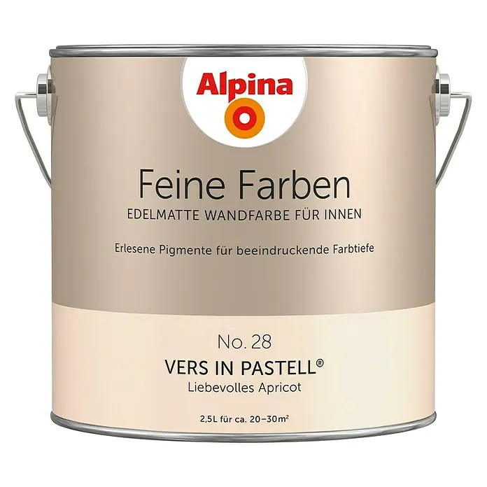 Alpina Wandfarbe Feine Farben - Vers in Pastell, Matt, 2,5 l, Konservierungsmittelfrei - Dose Alpina Feine Farben "Vers in Pastell" Nr. 28, eine edelmatte Wandfarbe für Innenräume, mit einem lieblichen Aprikot-Farbton für stilvolle Akzente.