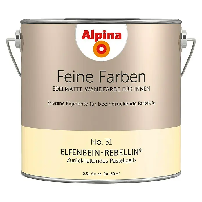 Alpina Wandfarbe Feine Farben - Elfenbein Rebellin, Matt, 2,5 l, Konservierungsmittelfrei - Dose Alpina Feine Farben No. 31 Elfenbein-Rebellin, edelmatte Wandfarbe für Innen, zurückhaltendes Pastellgelb, 2,5L für ca. 20-30m².