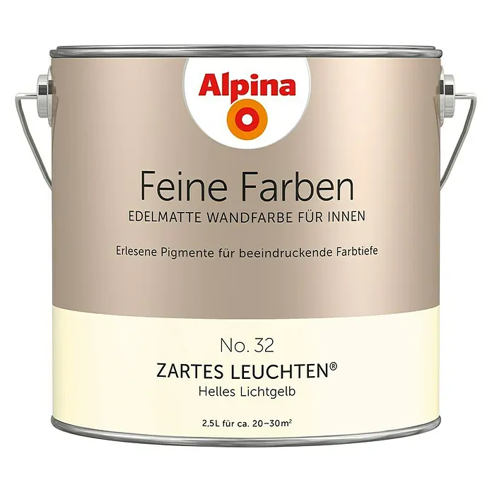 Alpina Wandfarbe Feine Farben - Zartes Leuchten, Matt, 2,5 l, Konservierungsmittelfrei - Farbdose von Alpina Feine Farben, edelmatte Wandfarbe für Innen, Farbton Nr. 32 Zartes Leuchten, helles Lichtgelb, 2,5L für ca. 20-30m².