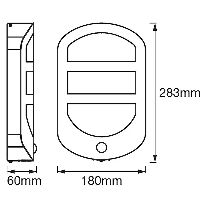 Ledvance LED-Außenwandleuchte Endura - 12,5 W, 180 x 60 x 283 mm, Edelstahl, IP44, Mit Bewegungssensor - Produktzeichnung einer Wandleuchte mit den Maßen 283 mm Höhe, 180 mm Breite und 60 mm Tiefe.
