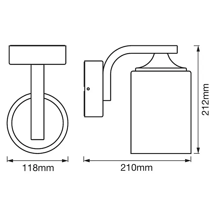 Osram LED-Außenwandleuchte - 210 x 11,8 x 21,2 cm, Aluminum, IP43 - Schema einer Wandleuchte mit zylindrischem Schirm und den Maßen 212 mm Höhe und 210 mm Tiefe. Breite der Wandhalterung beträgt 118 mm.