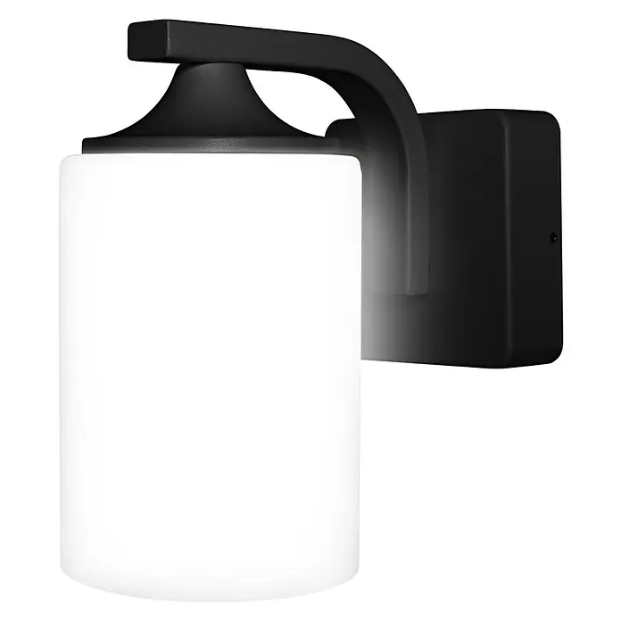 Osram LED-Außenwandleuchte - 210 x 11,8 x 21,2 cm, Aluminum, IP43 - Eine moderne, mattschwarze Wandleuchte mit einem zylindrischen, weißen Glasschirm, die ein warmes, diffuses Licht erzeugt und für Badezimmer geeignet ist.