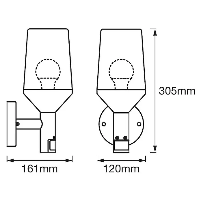 Ledvance LED-Außenwandleuchte - 161 x 12 x 305 cm, Edelstahl, IP44, Mit Sensor - Technische Zeichnung einer Wandleuchte mit Abmessungen, Gesamthöhe 305mm, Tiefe 161mm und Breite 120mm.