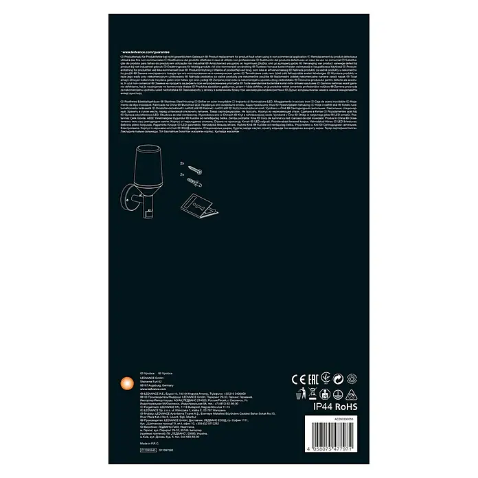 Ledvance LED-Außenwandleuchte - 161 x 12 x 305 cm, Edelstahl, IP44, Mit Sensor - Produktverpackungsdesign mit LED-Lampe, Schrauben und Bedienungsanleitung, klare Darstellung des Lieferumfangs.