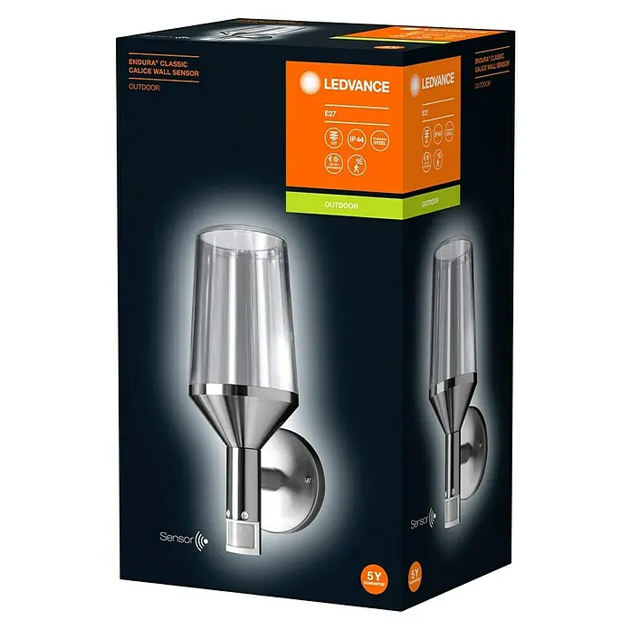 Ledvance LED-Außenwandleuchte - 161 x 12 x 305 cm, Edelstahl, IP44, Mit Sensor - Abbildung der LEDVANCE Endura Classic Wandleuchte mit Bewegungssensor auf der Produktverpackung.