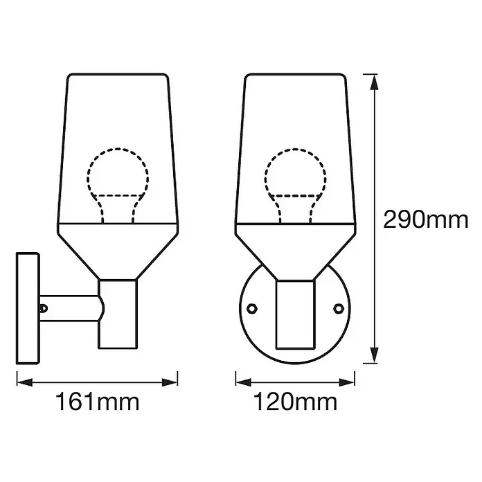 Ledvance LED-Außenwandleuchte - 161 x 12 x 290 cm, Edelstahl, IP44, Ohne Sensor - Abbildung einer Wandleuchte mit den Maßen 290 mm Höhe, 161 mm Tiefe und 120 mm Breite.