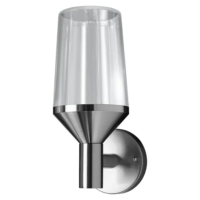 Ledvance LED-Außenwandleuchte - 161 x 12 x 290 cm, Edelstahl, IP44, Ohne Sensor - Wandleuchte mit transparentem Glasschirm und silberfarbenem Sockel, die ein elegantes und modernes Design für die Innenraumbeleuchtung bietet.