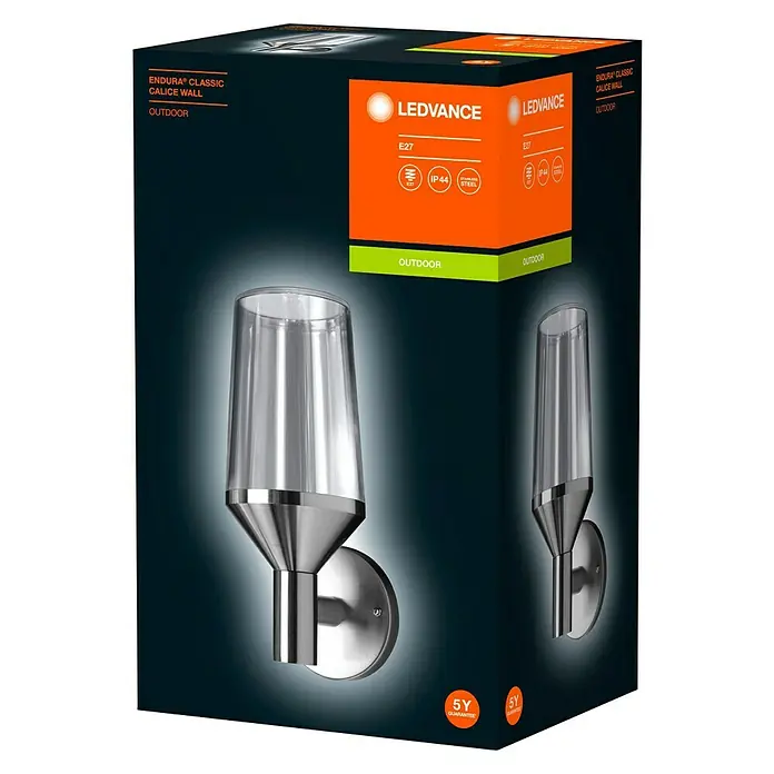 Ledvance LED-Außenwandleuchte - 161 x 12 x 290 cm, Edelstahl, IP44, Ohne Sensor - Produktverpackung für eine LEDVANCE Endura Classic Calice Wandleuchte für den Außenbereich mit modernem Design.