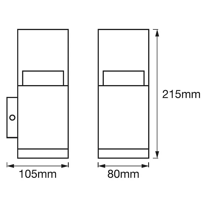 Ledvance LED-Außenwandleuchte - 9 W, 10,5 x 8 x 21,5 cm, Stahl, IP44 - Illustration einer Wandleuchte mit Abmessungen: 215mm hoch, 105mm breit (links) und 80mm breit (rechts).