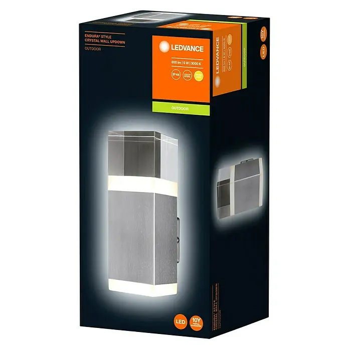 Ledvance LED-Außenwandleuchte - 9 W, 10,5 x 8 x 21,5 cm, Stahl, IP44 - Verpackung der LEDVANCE Endura Style Crystal Wandleuchte für den Außenbereich, mit klarem Kristall-Design und energiesparender LED-Technologie.