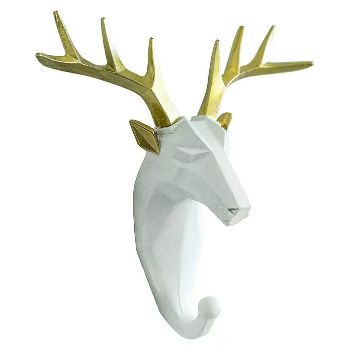 Garderobenhaken Rentier - L x B x H: 16 x 6,2 x 17 cm, Weiß - Hirschkopf Wandhaken mit goldenem Geweih. Ein stilvolles Wohnaccessoire zur Aufbewahrung von Jacken, Hüten und mehr.