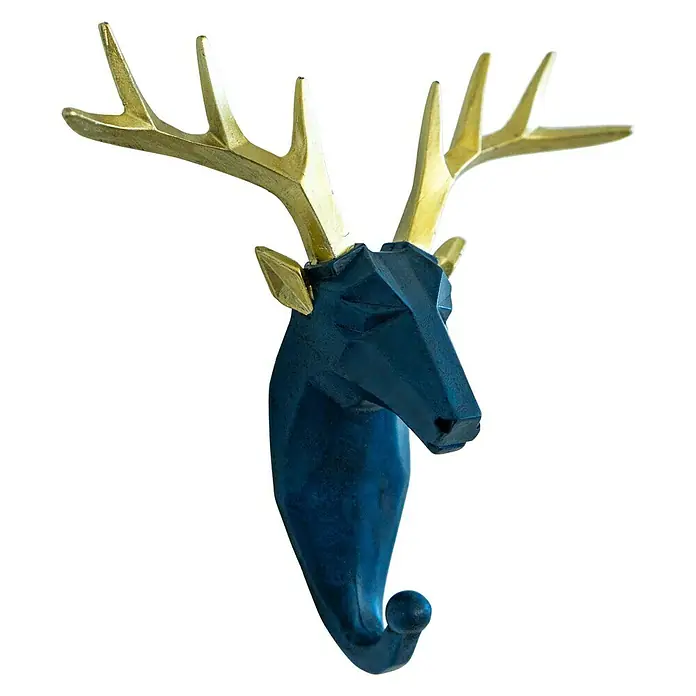 Garderobenhaken Rentier - L x B x H: 16 x 6,2 x 17 cm, Blau - Deko-Hirschkopf als Wandhänger mit goldenem Geweih und blauem Kopf. Ideal für stilvolle Akzente in jedem Raum.