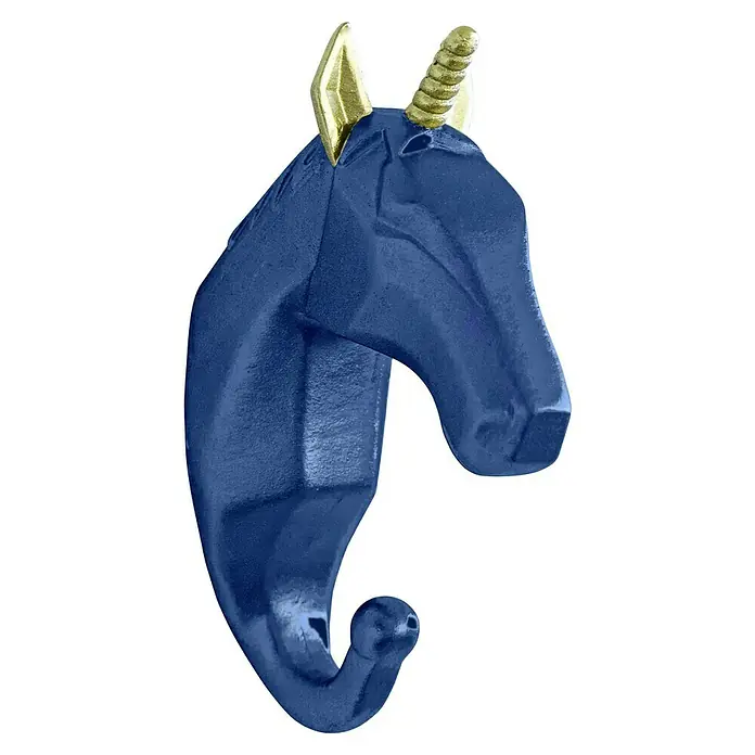 Garderobenhaken Einhorn - L x B x H: 4 x 7 x 12 cm, Blau - Blauer Einhorn-Wandhaken aus Kunstharz mit goldenem Horn und Ohren, ideal für Kinderzimmer oder als dekoratives Element.