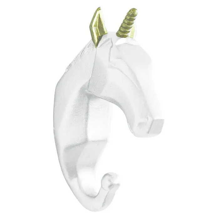 Garderobenhaken Einhorn - L x B x H: 4 x 7 x 12 cm, Weiß - Nahaufnahme eines weißen Einhorn-Wandhakens mit goldenem Horn und Ohren. Der Haken hat eine glatte Oberfläche und eine dekorative Form.