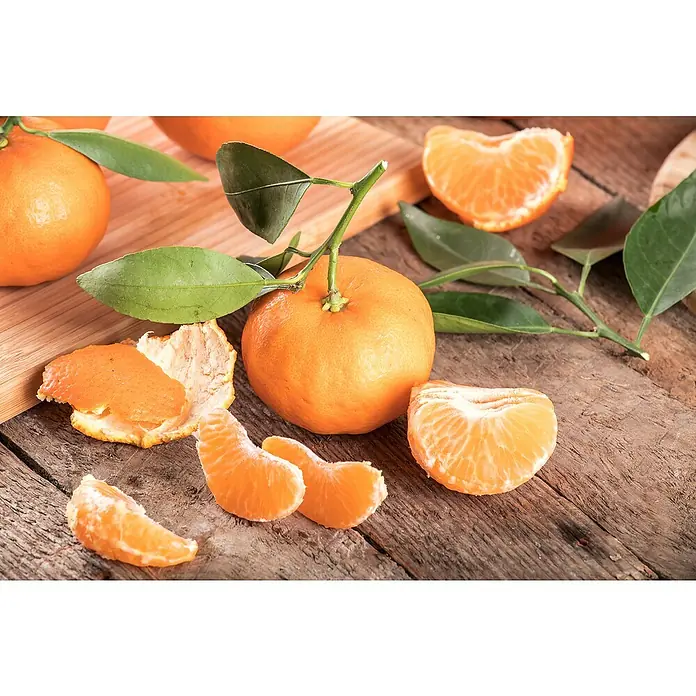 Piardino Mandarino - Citrus x aurantium - Primer plano de mandarinas sobre una superficie de madera, algunas con hojas, otras peladas y segmentadas, destacando su frescura y jugosidad.