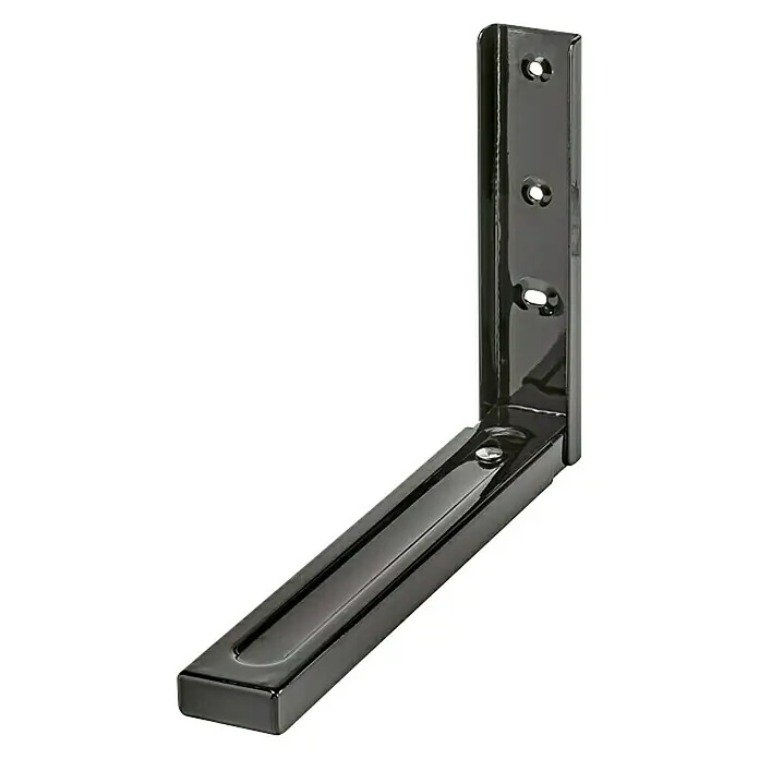 Vormann Wandkonsole290 x 49 x 220 mm, Belastbarkeit: 40 kg, Schwarz - Nahaufnahme einer glänzenden, schwarzen Halterung, die zur Befestigung von Gegenständen an Wänden dient und ein modernes Design aufweist.