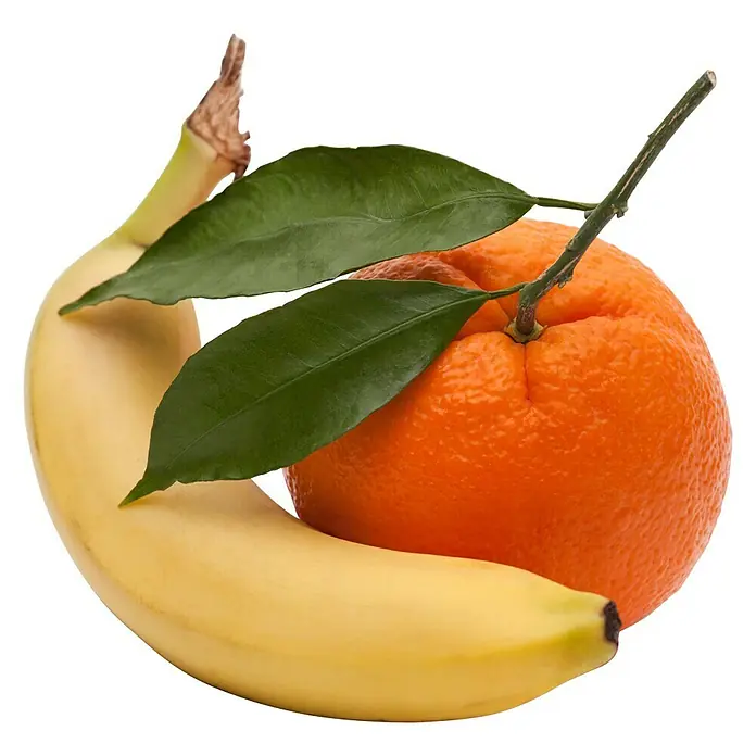 Piardino Árbol frutal Naranjo - Citrus x sinensis, Volumen de la maceta: 10 l - Un plátano amarillo y una mandarina naranja brillante con hojas verdes se muestran sobre un fondo negro.