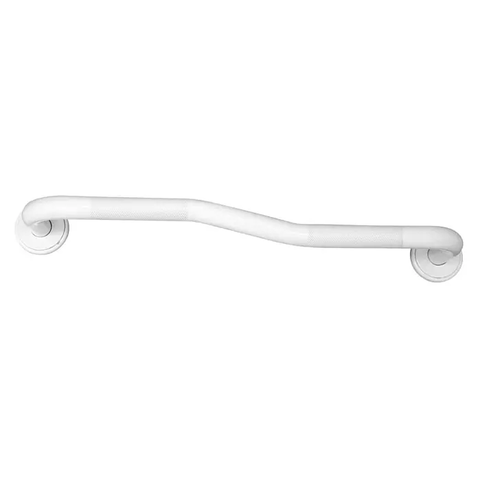 CM Baños Asidero de baño moleteado Z - Aluminio, Blanco - Se muestra una barra de apoyo curva blanca diseñada para seguridad y soporte en el baño en la imagen.