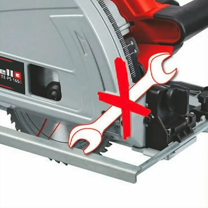 Einhell Expert Sierra de inmersión TE-PS 165 - 1.200 W, Número de revoluciones de marcha en vacío: 5.200 r.p.m. - Primer plano de una sierra circular con mango rojo y una gran herramienta roja encima que impide su uso.