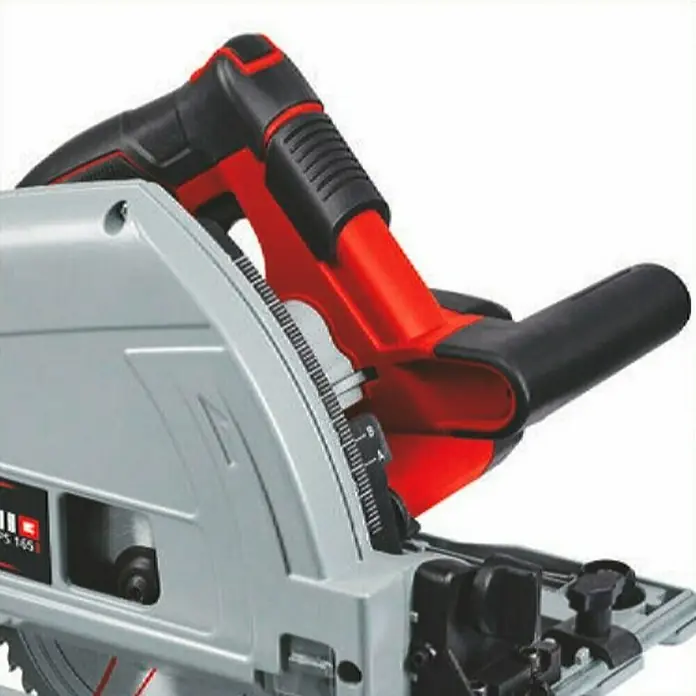Einhell Expert Sierra de inmersión TE-PS 165 - 1.200 W, Número de revoluciones de marcha en vacío: 5.200 r.p.m. - Vista detallada de una sierra circular inalámbrica Einhell con mango rojo y base gris.