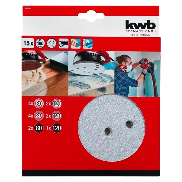Einhell Juego de discos abrasivos - Diámetro: 180 mm, 15 pzs. - Paquete de discos de lija KWB con velcro, 15 unidades, diámetro 180 mm, varios granos (80 y 120) para trabajos de lijado.