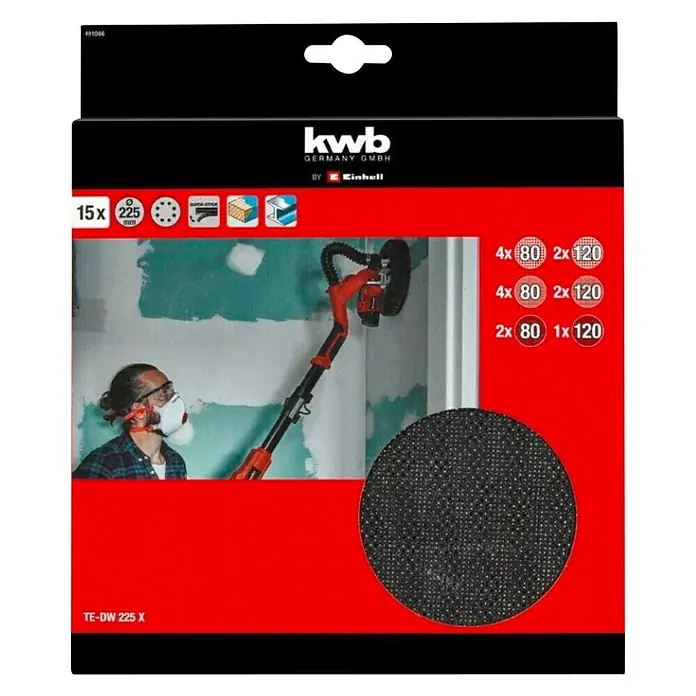 Einhell Schleifgitter-Set - Durchmesser: 225 mm, 15 -tlg., Passend für: Einhell Trockenbauschleifer TE-DW 225 X und TC-DW 225 - Das Bild zeigt eine Packung KWB TE-DW 225 X Schleifscheiben, die 15 Stück mit einem Durchmesser von 225 mm enthält, geeignet für Trockenbauschleifer.