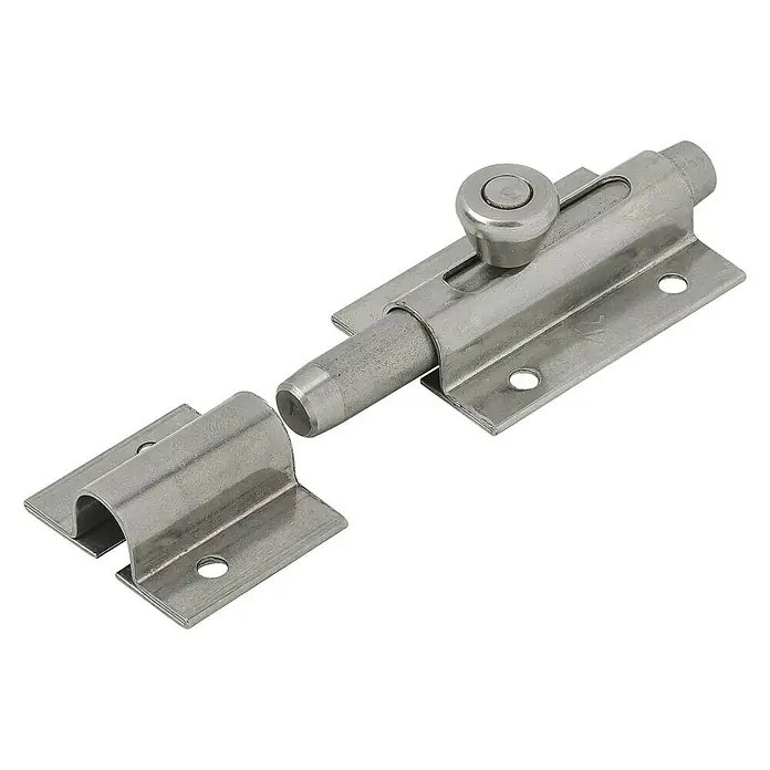 Stabilit Pestillo deslizante - L x An: 36 x 80 mm, Acero inoxidable, Plateado - Primer plano de un cerrojo deslizante de acero inoxidable sobre una superficie negra. Se utiliza para asegurar puertas y portones de forma segura.