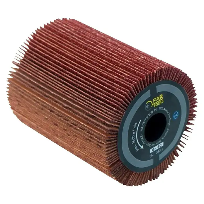 Fartools Bürstenwalze Faltenschleifwalze - Passend für: Fartools Multifunktionsschleifer REX 80, Geeignet für: Holz, 1 Stk. - Nahaufnahme einer Lamellenschleifscheibe von FAR Tools, ideal zum Schleifen verschiedener Materialien.