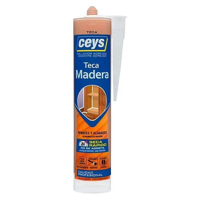 Ceys Cola blanca acrílico - 280 ml, Teca - Sellador acrílico Teca Madera para madera, ideal para sellados y reparaciones profesionales. Secado rápido y flexible.