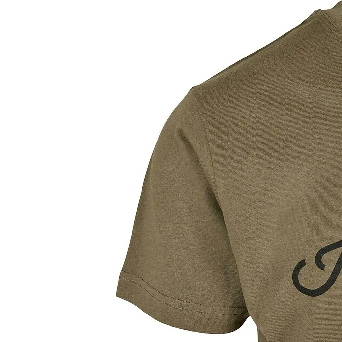 T-Shirt Handcrafter - Olive, XL - Detailaufnahme eines olivgrünen T-Shirts, das die Textur und den Schnitt des Ärmels hervorhebt.
