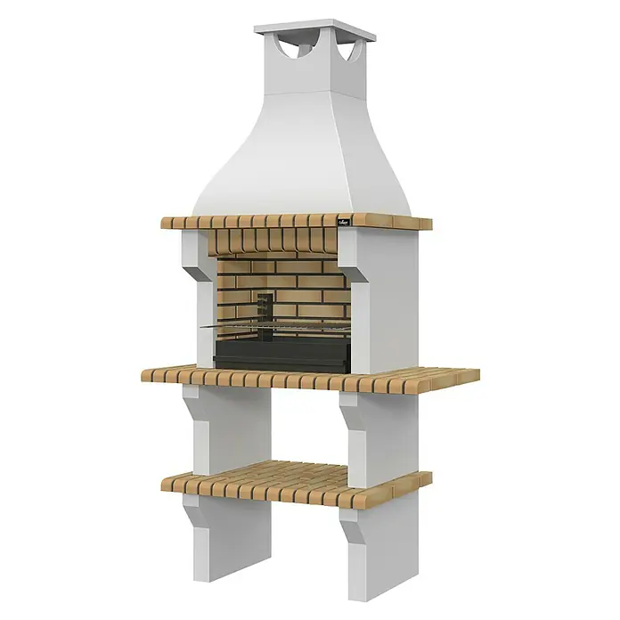Collippo Silves Barbacoa de obra - An x Pr x Al: 124 x 58 x 229 cm, Superficie parrilla: 60 x 38 cm, Hormigón - Una imagen detallada de una barbacoa blanca de exterior con detalles en piedra, ideal para cocinar al aire libre.