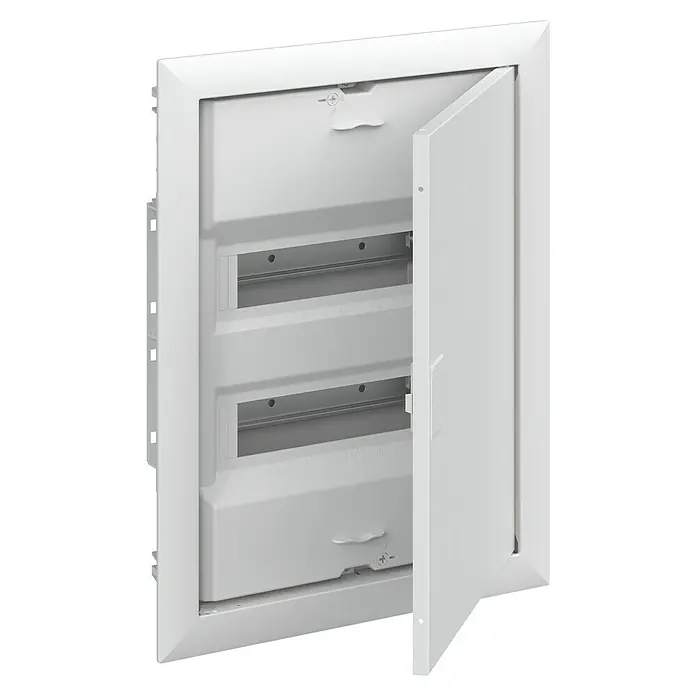 ABB - Striebel & John Unterputz-Verteiler UK624N3 - Anzahl Reihen: 2 Stk., 38,4 x 49,7 cm, Weiß - Einbauschrank mit offener Tür, ideal zur Installation von Stromzählern. Das Gehäuse ist weiß und robust.