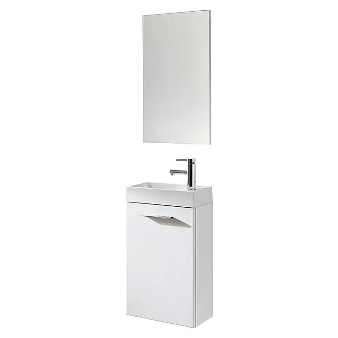 Riva Badmöbel-Set Pocket - Breite: 40 cm, Weiß, 3 -tlg. - Moderner Badezimmerschrank mit Waschbecken und Spiegel. Das Set besteht aus einem weißen Unterschrank und einem rechteckigen Spiegel.