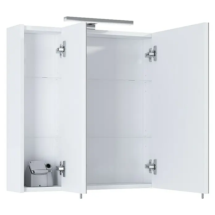 Riva Vulcano LED-Spiegelschrank - 60 x 61,8 cm, Mit Beleuchtung - Ein weißer Spiegelschrank mit offenen Türen, der Innenraum und verstellbare Glasböden zeigt. Ideal für Badezimmerutensilien.