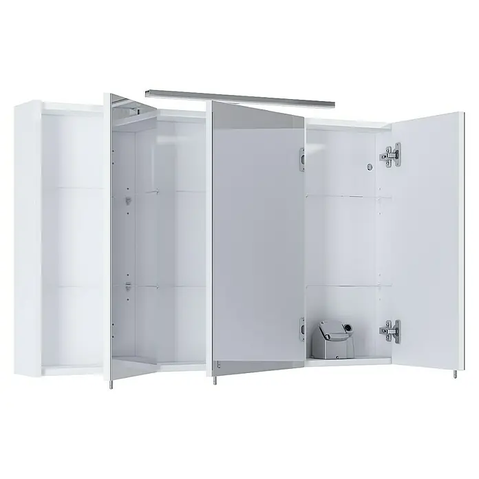 Riva Vulcano LED-Spiegelschrank - 100 x 61,8 cm, Mit Beleuchtung - Produktabbildung eines weißen Badezimmerschranks mit Regalen und geöffneten Türen, der Stauraum und Organisation bietet.
