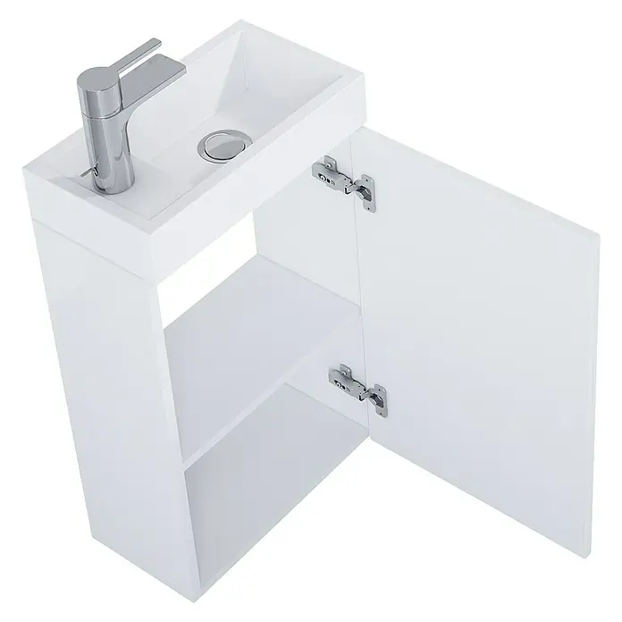 Riva Badmöbel-Set Young - 40 cm, Weiß, Glänzend - Hochwinkelaufnahme eines weißen Badezimmerunterschranks mit offenem Fach und Tür, Waschbecken mit Armatur.
