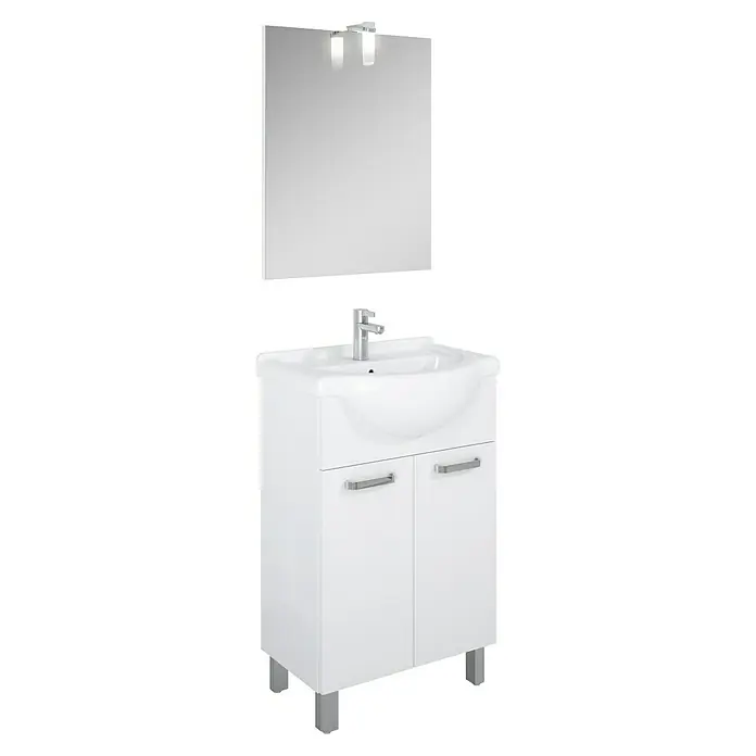 Riva Badmöbel-Set Solo - Breite: 52 cm, Weiß, 3 -tlg. - Das Bild zeigt einen Waschtisch mit Unterschrank und Spiegel. Das Waschbecken ist weiß und hat eine moderne Form, darunter ein Schrank mit zwei Türen.
