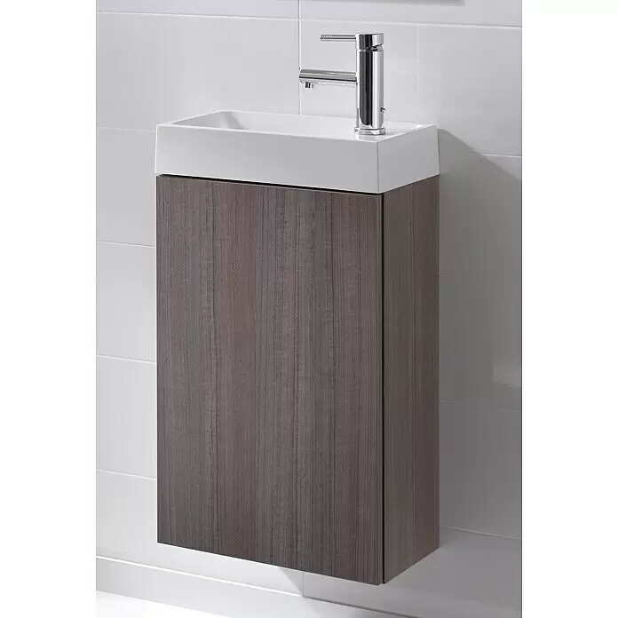 Riva Badmöbel-Set Young - 40 cm, Teak grau, Matt - Wandhängender Waschtischunterschrank mit dunkelbrauner Holzmaserung, weißem Becken und Chromarmatur.