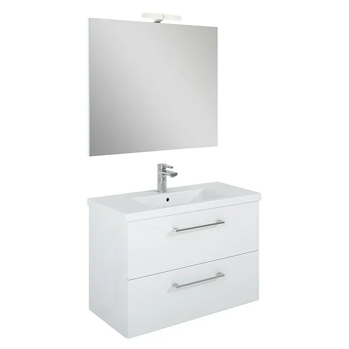 Riva Compact Badmöbel-Set - Gesamtbreite Badmöbel: 81,7 cm, Weiß - Ein elegantes, weißes Badezimmermöbel mit Spiegel und integrierter Beleuchtung, ideal für moderne Badezimmerdesigns mit Stauraum.
