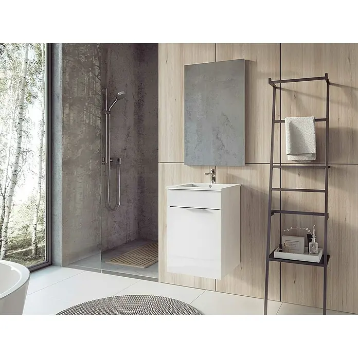 Badmöbel-Set Qubo Plus - Gesamtbreite Badmöbel: 40 cm, Weiß, Hochglänzend, 2 -tlg. - Modernes Badezimmer-Interieur mit einem weißen Waschtisch mit Unterschrank, einem Spiegel und einem Handtuchhalter für ein stilvolles Ambiente.