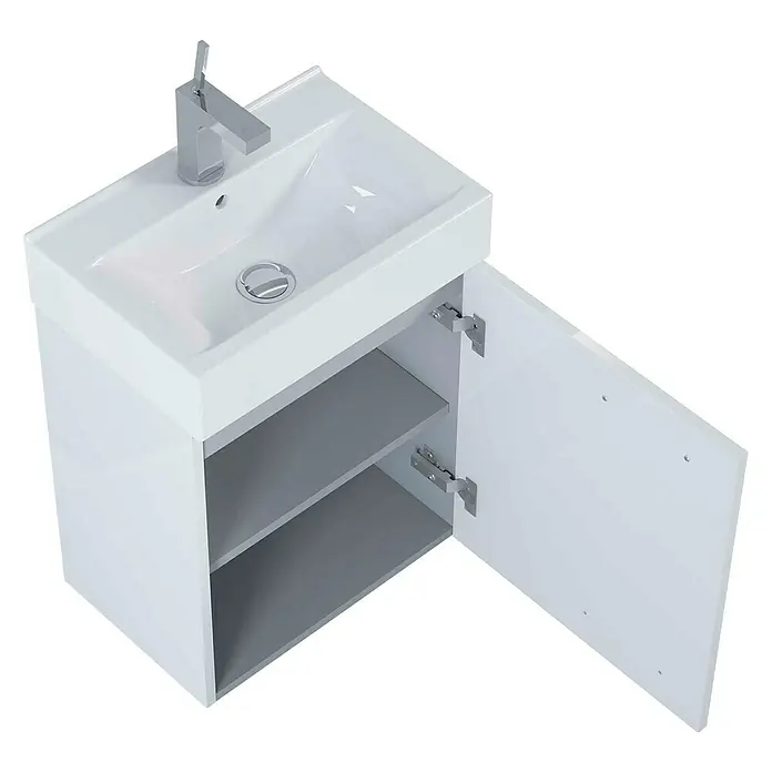 Badmöbel-Set Tiny - Gesamtbreite Badmöbel: 45 cm, Weiß, Hochglänzend, 2 -tlg. - Modernes Waschbecken mit Unterschrank in Weiß und offenem Schrankfach zur Aufbewahrung von Badutensilien.