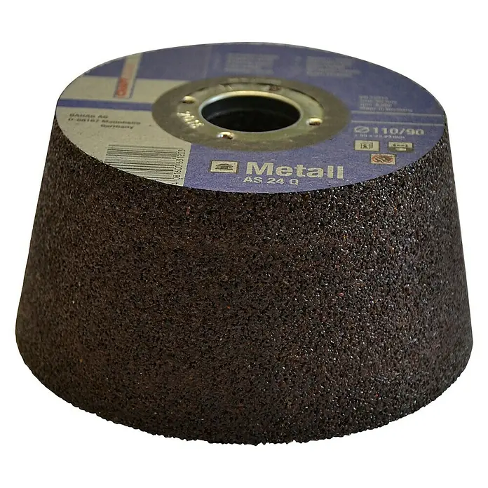 Taza de desbaste AS24Q - Diámetro: 110 mm, Piedra - La imagen muestra una muela cónica marrón "Metall AS 24 Q" con dimensiones ø110/90, ideal para tareas de rectificado.