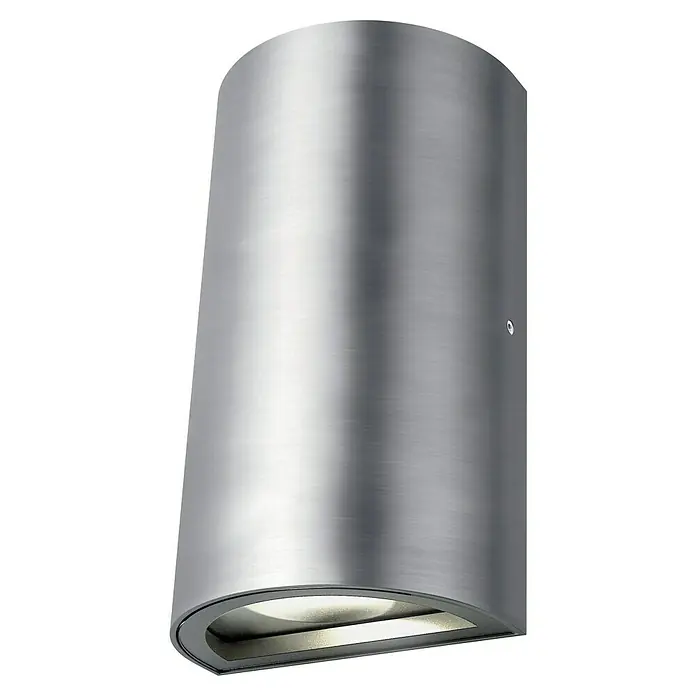 Ledvance LED-Außenwandleuchte Endura Style UpDown - 11,5 W, 5,5 x 9 x 16 cm, Edelstahl, IP44 - Nahaufnahme einer modernen, zylindrischen Wandleuchte aus gebürstetem Metall, die ein elegantes, indirektes Lichtdesign zeigt.