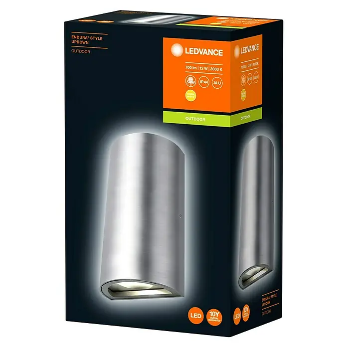 Ledvance LED-Außenwandleuchte Endura Style UpDown - 11,5 W, 5,5 x 9 x 16 cm, Edelstahl, IP44 - Das Bild zeigt eine Verpackung für eine LEDVANCE Endura Style Updown Außenleuchte in Silber. Die Verpackung ist blau und orange mit grünen Akzenten.