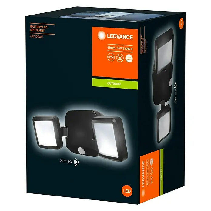 Ledvance LED-Sensor-Außenwandstrahler Double10 W, Schwarz, Bewegungsmelder - Die LEDVANCE Batterie LED Strahler für den Außenbereich in der Produktverpackung, die die Eigenschaften hervorhebt.