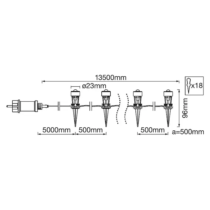 Ledvance LED-Lichterkette Endura Dot - Außen, 13,5 m, Anzahl Leuchtmittel: 18 Stk. - Detailansicht der Gartenleuchten-Installation mit Abmessungen. Gesamtmaß 13500 mm, Lampenhöhe 96 mm, Durchmesser 23 mm, Abstand 500 mm.