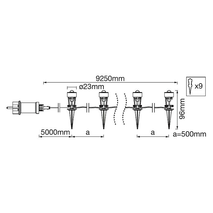 Ledvance LED-Lichterkette9,25 m, 9-flammig, Lichtfarbe: Warmweiß Sketch