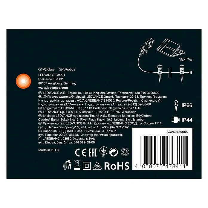 Ledvance LED-Lichterkette Endura Dot - Außen, 9,25 m, Lichtfarbe: Warmweiß, Anzahl Leuchtmittel: 9 Stk. - Produktverpackungsinformationen für LEDVANCE-Gartenleuchten mit IP66/IP44-Schutz und RoHS-Konformität, inklusive Herstellerdetails und Barcode.
