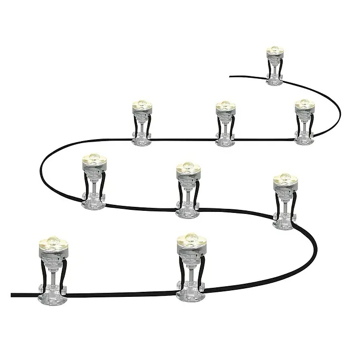 Ledvance LED-Lichterkette Endura Dot - Außen, 9,25 m, Lichtfarbe: Warmweiß, Anzahl Leuchtmittel: 9 Stk. - Eine Lichterkette mit mehreren LED-Leuchten auf einem schwarzen Kabel, die eine festliche und dekorative Beleuchtungslösung bietet.